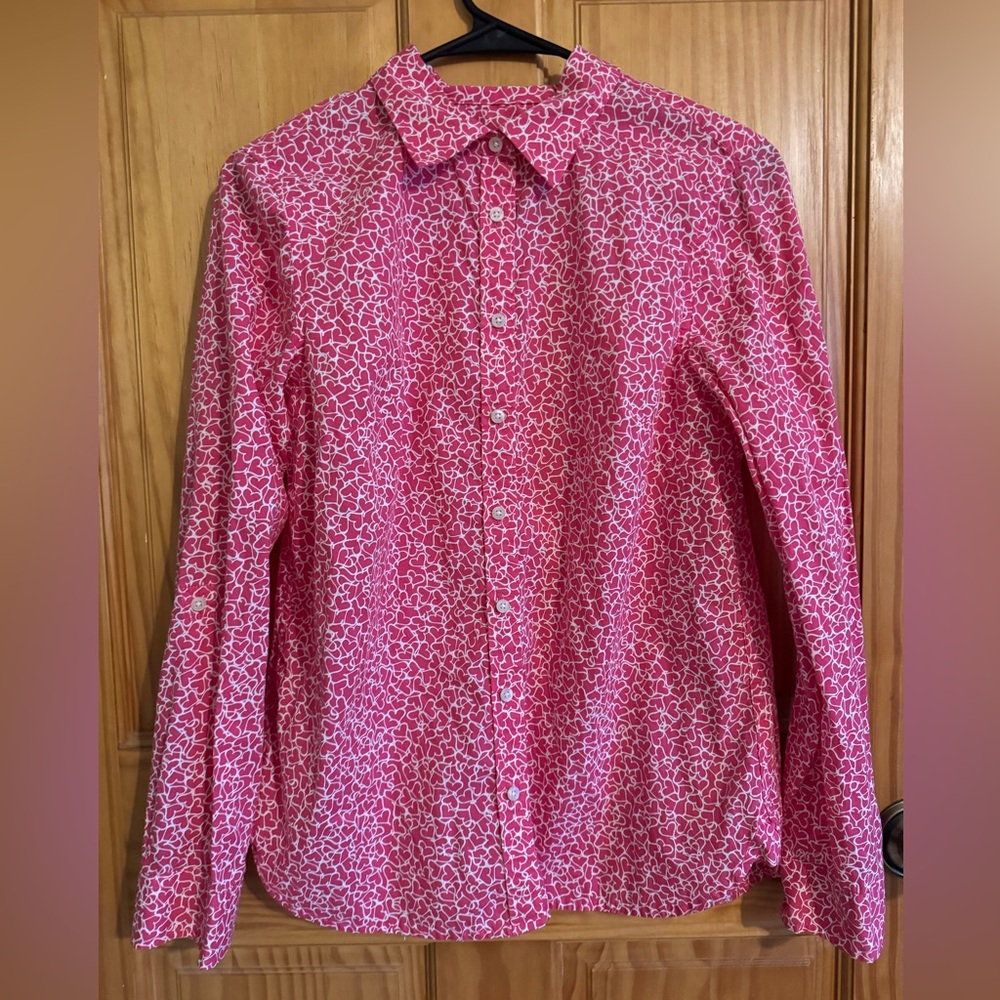 Talbots Heart Print Button-Down Shirt — 100% Cotton — Valentine’s Day Pink — S